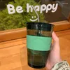 Tasses 450 ml créative en verre vert en silicone en verre tasse de paille de café avec couvercle de bouteille d'eau résistante à la chaleur.