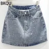 Bkqu -Strass -Denim -Miniröge Frauen Fashion Party Club Diamonds Hochtütige Jean -Rock Y2K Ästhetische koreanische Unterteile 240513