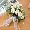 Decorative Flowers Wedding Artificial Natural Rose Bouquet With Silk Satin Ribbon Pink White Champagne Bridesmaid Bridal Party Supplies