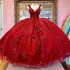 Vestidos de xv a os röda quinceanera klänningar med 3D blommor applikation korsett topp pärlor bollklänning söt 16 klänning plus storlek 312b
