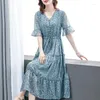 Casual Dresses Blue Chiffon Printed Dress For Women 2024 Spring/Summer Lace Up Button Long Skirt Elegant Women's Fragmented Flower