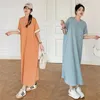 Party Dresses Yzjnh 2024 Summer Long Dress Women's Korean Edition Loose Round Neck Roll Sleeves Solid Color Pocket Split stor storlek