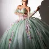 Glitter Mint Quinceanera Dress Ball Gown Off The Shoulder Colorful 3D Flowers Applique Beads Tull Corset Sweet 16 Vestidos De XV 15 Anos