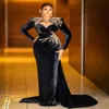 Luxury 2022 Black Velvet African Mermaid Evening Dresses With Beaded Crystal Two Pieces O Neck Plus Size Prom Gowns For Nigeria Vestido 3062