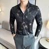 豪華な金のシルクプリントシャツの男性ファッションスリムフィット長袖のカジュアルシャツビジネスソーシャルフォーマルドレスシャツ男性服4xl