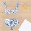 Kvinnors badkläder Kvinnor Beachwear Böhmen Style Ruffle Sleeve Bandeau Bra Hög midja Simt Set Floral Print Bikini Summer 2st Bathing