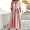 Casual jurken lente en zomerjurk voor vrouwen stevige kleur los flowy drape korte mouwen kan kant geplooide zoom v-neck vestidos