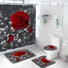 Duschgardiner 4sts Valentine Curtain Set Non-Slip Rug Toalettlock lock Bad Mat Red Rose Romantic Spring Floral Badrum