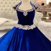 Fashion Royal-Blue Velvet Pageant Robes pour les enfants pour les enfants pour les enfants Cap