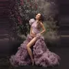 Elegant Purple Tulle Maternity Evening Dresses For Foto Shoot Front Slit Open Sleeveless Ball Gown Shawl Ruffles With FLARES Custom MA 2610