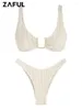 Frauen Badebekleidung Zaful Solid Color Badeanzug für Frauen u Hals strukturierte verstellbare Schultergurt freche Bikini -Set zweiteilige