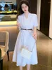 Party Dresses Summer White Chic Jacquard Hollow Out Midi Dress Women Short Sleeve Bodycon Robe 2024 Korean Fashion Elegant Luxury