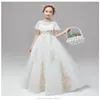 2021 First Holy Communion Dresses High Neck Ivory Tulle Gold Embroidered Boho Short Sleeves Flower Gilr Dress For Wedding Toddler Eveni 308V