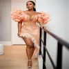 2021 Plus size Arabisch Aso ebi roze stijlvolle luxueuze prom jurken parels schede veren avond formeel feest tweede receptie jurken zj5 236n