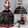 2022 Black Quinceanera Dresses Charro Detachable Skirt Floral Embroidered Off The Shoulder Sweet 16 Dress Mexican Theme Plus Size Gothi 1850