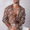 Модная печать печать мужская рубашка сексуально просмотр сквозь сетки тонкие рубашки с длинным рукава