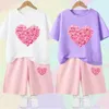 2pcs Girls Roupos Sets Roupa de verão Crianças Flower Heart Manga curta Camiseta Tops shorts