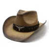 Turquoise band Casual uitgehold vrouwen Men Unisex's retro raffia stro brede ramp Cowboy Cowgirl Western Sun Hat (58 cm)