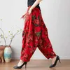 Calças femininas Capris China estilo Baggy Harem Pants Mulheres Imprimir calças cruzadas calças de lanterna larga de lanterna larga de linho de algodão Retro mais 11435 Y240509