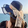 접이식 큰 뇌 플로피 소녀 밀짚 모자 모자와 활 우아한 보호 그늘 패션 여성 해변 모자