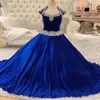 Mode Royal-Blue Velvet Pageant-jurken voor baby Toddlers Teens Cap Sleeve Ritzee Roise Ball Jurk Long Little Girl Formal Party Gow 314H