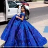 Royal Blue Satin Charro Quinceanera Dresses Cupcake Ball Gowns Prom 2021 Off The Shoulder Lace Crystal Mexikansk Sweet 16 Dress Vestidos 2834