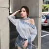 Women's Blouses GIDYQ Elegant Striped Shirts Women Sexy Off Shoulder Halter Casual Korean Fashion Hollow Out Long Sleeve Streetwear Tops