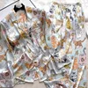 Autumn Womens Silk Soft Sleepwear Flip Collar Button Open Cardigan Conjunto feminino 2 Roupa de sono para impressão de gato fofo 240511
