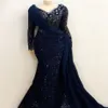 アフリカン長袖レースマーメイドイブニングドレス2022 ASO EBI LEST SLEEVES PLETS NAVY BLUE PROM GOUNSS ROBE DE SOIREE 283B