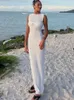 Julissa Mo malha no pescoço redondo com babados maxi vestido sem mangas, veja através do vestido feminino verão elegante e elegante vestido de praia 240426
