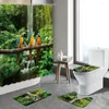 Shower Curtains Green Plant Bird Bathroom Decor Jungle Parrot Waterfall Sandy Beach Parrots Animal Curtain Non-Slip Rug Bath Mat