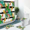 Duschvorhänge Flamingo Blumenvorhang tropische Pflanze Palmblatt Anti-Schlupfteppich Toilettenabdeckung Badematte Teppich Dekor Badezimmer Set