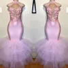Robes de bal de sirène rose blush 2020 Halter 3d Fleurs Appliques en dentelle Robes de soirée plus taille