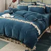 Bedding Sets Winter Comfort Milk Velvet Lace Four Piece Set Ins Cream Double Face Flannel Coral 4