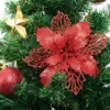 Fleurs décoratives 16pcs Christmas Red Glitter Heads Flower pour Noel Home Tree Ornaments NAVIDAD Party Table Prise Decor Supplies