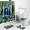 シャワーカーテン3D滝の森の木の風景浴室バスバスマットセット台座敷物の蓋トイレカバーノンスリップ