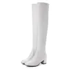 Boots 2024 Fashion Knee High Femmes Winter Square Loe Talon Long Toe Zipper automne Femme Blanc Blanc