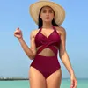 Kadın Bikini Mayo Tek Parça Düz Renk Dolu Yüksek Bel Boyun Kayışı Açık Geri Gelişler Yaz Plajı Mayo Hızlı Kuru 240513