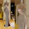 Side Split Sexy Sermed Robes de bal 2021 Crystal Sparkly Crystal High Cou à manches longues de soirée Femmes Arabe Special Occasion Dres 2838