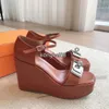 Women Top Quality Leather Fashion Sandals Luxury Designer Wedges Classic Metal Buckle Solid Summer High Heels Casual Buckle Open Toe Dress Shoes With Box