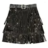 Skirts 2024 Spring Heavy Drilling Rhinestones Fringe Skirt With Belt Womens High Waist Multi Layer Short Cake Sexy Fashion