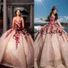 Pretty Rose Gold and Red Lace Quince Dresses 2023 Sweetheart Lace-up Corset Top Sparkly Sequins Applique Quinceanera Dresses 165K