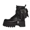 Boots Woman Punk Style Black Thick Sole 6 Cm Chunky Heels Over The Knee Pocket Round Toe Platform Motorcycle Short Ankle