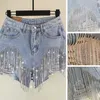 Diseñador de mujeres Jeans rasgados flacos Cortos Cortos Mini pantalones calientes tangas Diamante Tassel Casual Booty apretado