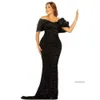 2024 BLING Black Evening Dresses Wear Off Shoulder Arabic Mermaid Sequined Lace Crystal Pärlor Formella promfestklänningar Specialiska OCN 0513