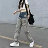Kadınlar için Kot Kontrast Renk Kadınlar için Düz Yırtık y2k Street Giyim Hiphop Yüksek Belli Denim Pantolon Peri Grunge Giysileri