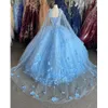 Bahama Blue 3D Flowers Quinceanera Dresses With Wrap Crystal Beaded Dress Evening Gowns Classic Sweetheart Lace-up Sweet 16 Dress Plus 2737