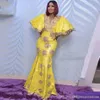 Newest Dubai Yellow Mermaid Evening Dresses V Neck Lace Appliques Formal Evening Gowns Prom Dress Dress Plus Size Robe De Soiree 306q