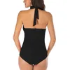 Women's Swimwear One-Piece Monokini Women Solid Color Halter-Neck Swimsuit Skinny Deep V-Neck Bathing Suit Casual Seaside Beach