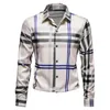2023 Autumn Mens Shirt Casual veelzijdige streep Geplaid Polo kraag lange mouw shirts 240507